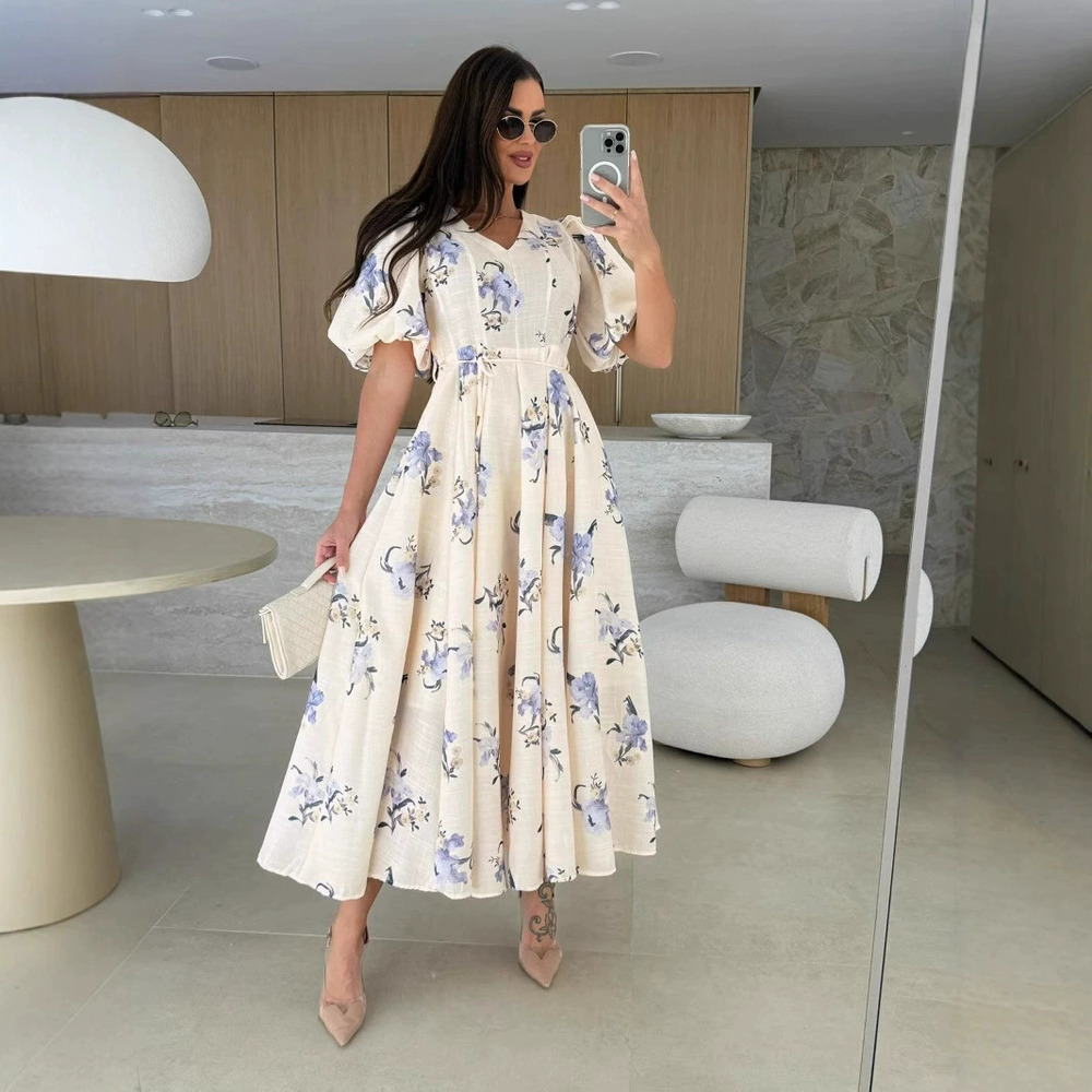 ZARA Summer Fashion V Neck Short Sleeve Printed Tie Flared Dress